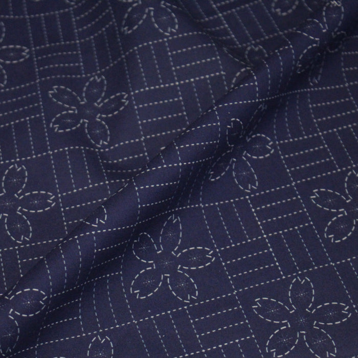 Tissu cotonnade motif japonais SASHIKO tons bleus & écrus - TissusPapi.com