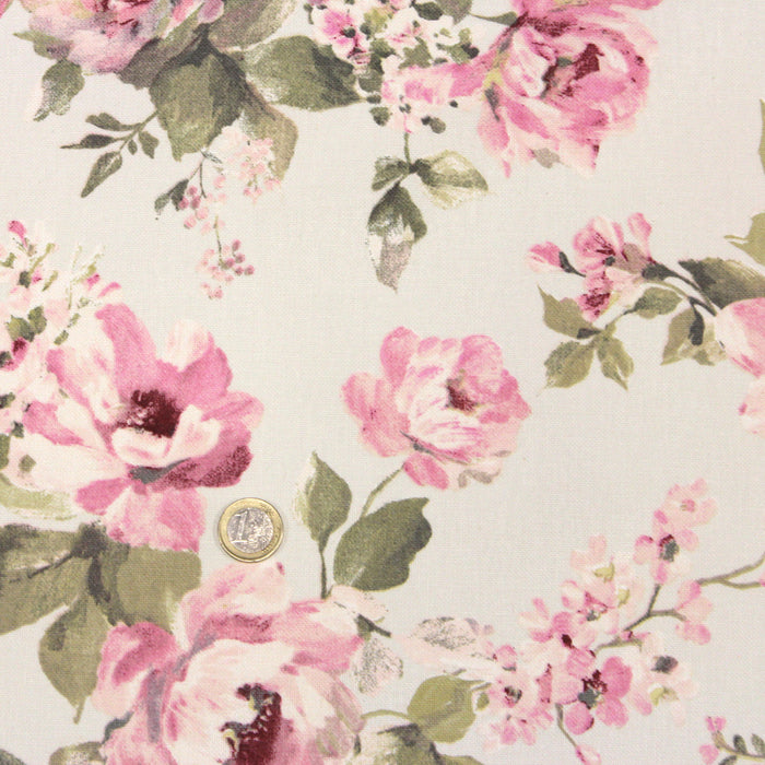 Tissu motif britannique aux grandes fleurs roses : lin, bleu, écru - COLLECTION BRIGHTON - TissusPapi.com
