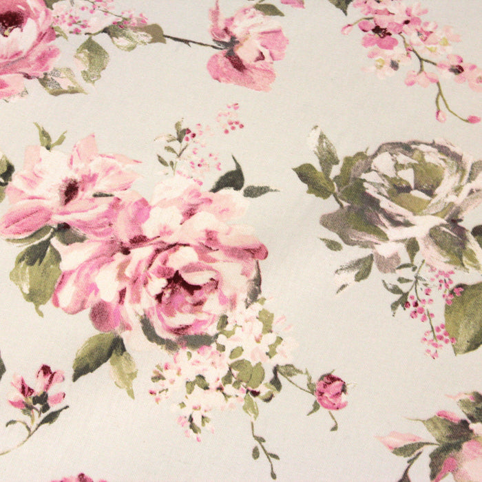 Tissu motif britannique aux grandes fleurs roses : lin, bleu, écru - COLLECTION BRIGHTON - TissusPapi.com