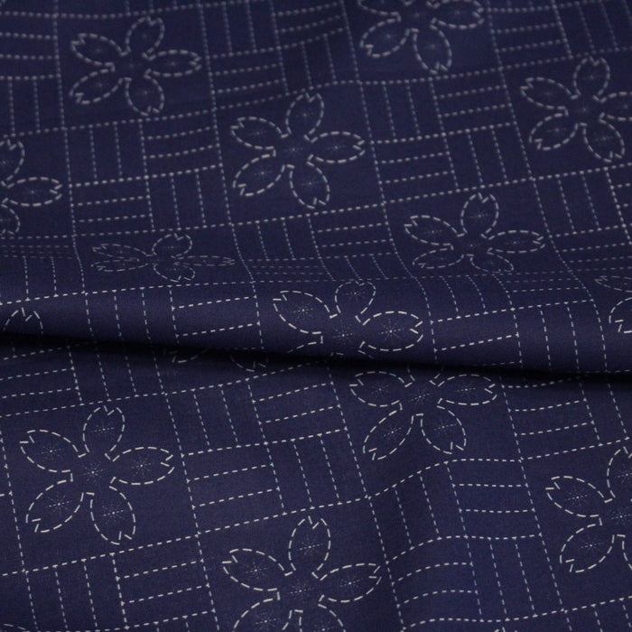 Tissu cotonnade motif japonais SASHIKO tons bleus & écrus - TissusPapi.com