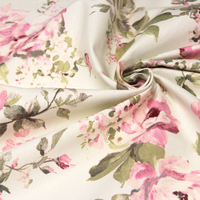 Tissu motif britannique aux grandes fleurs roses : lin, bleu, écru - COLLECTION BRIGHTON - TissusPapi.com