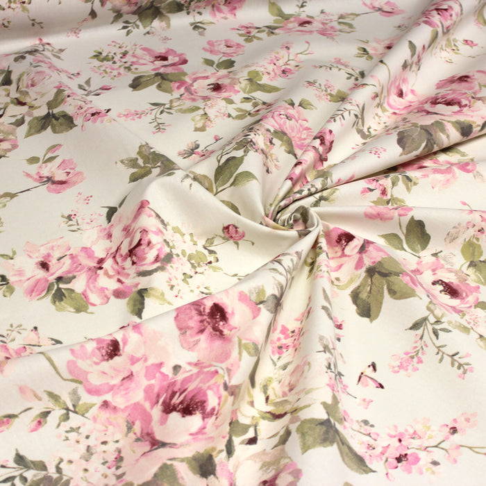 Tissu motif britannique aux grandes fleurs roses : lin, bleu, écru - COLLECTION BRIGHTON - TissusPapi.com