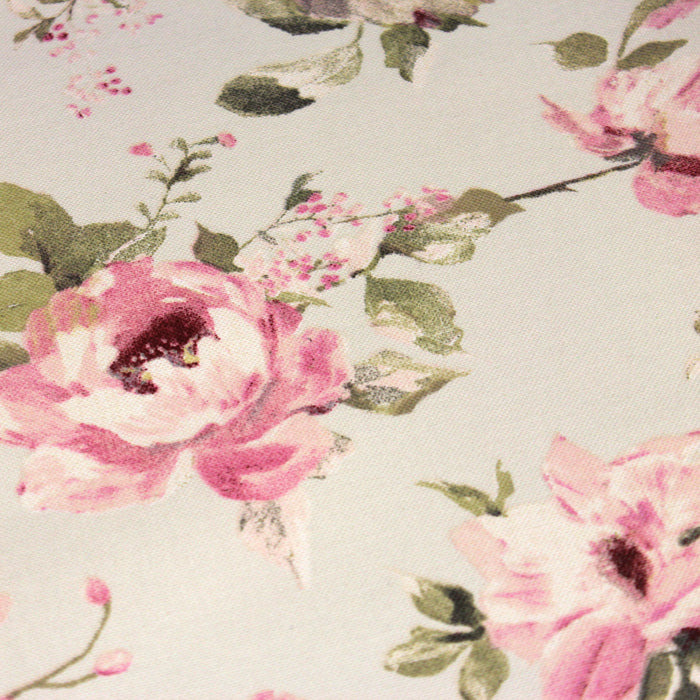 Tissu motif britannique aux grandes fleurs roses : lin, bleu, écru - COLLECTION BRIGHTON - TissusPapi.com