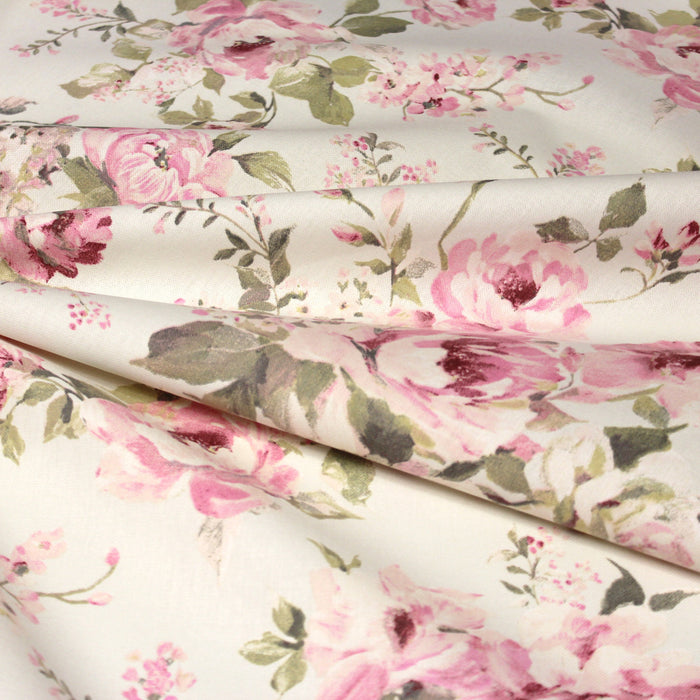 Tissu motif britannique aux grandes fleurs roses : lin, bleu, écru - COLLECTION BRIGHTON - TissusPapi.com