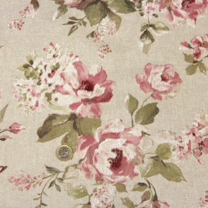 Tissu motif britannique aux grandes fleurs roses : lin, bleu, écru - COLLECTION BRIGHTON - TissusPapi.com