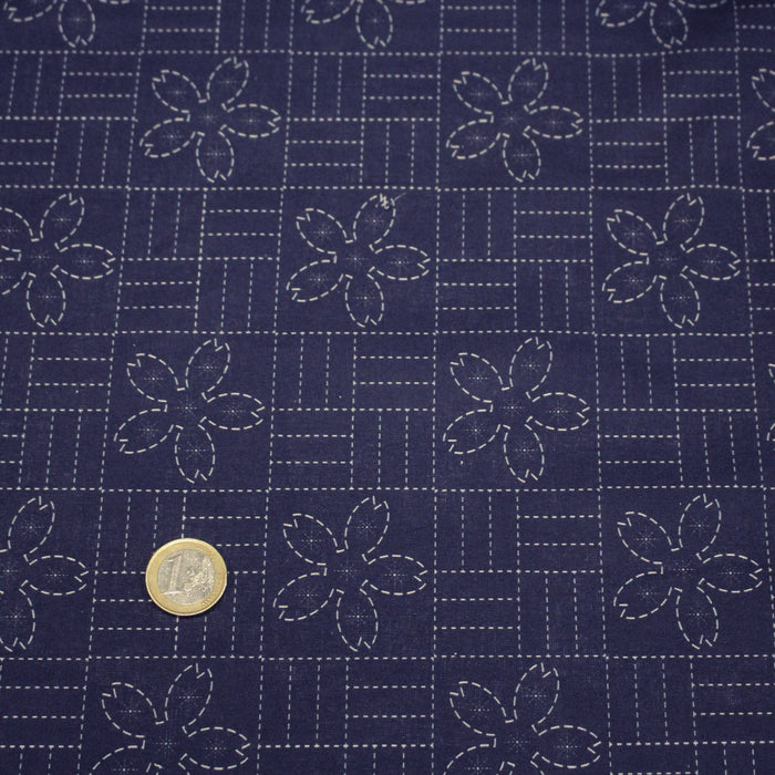 Tissu cotonnade motif japonais SASHIKO tons bleus & écrus - TissusPapi.com