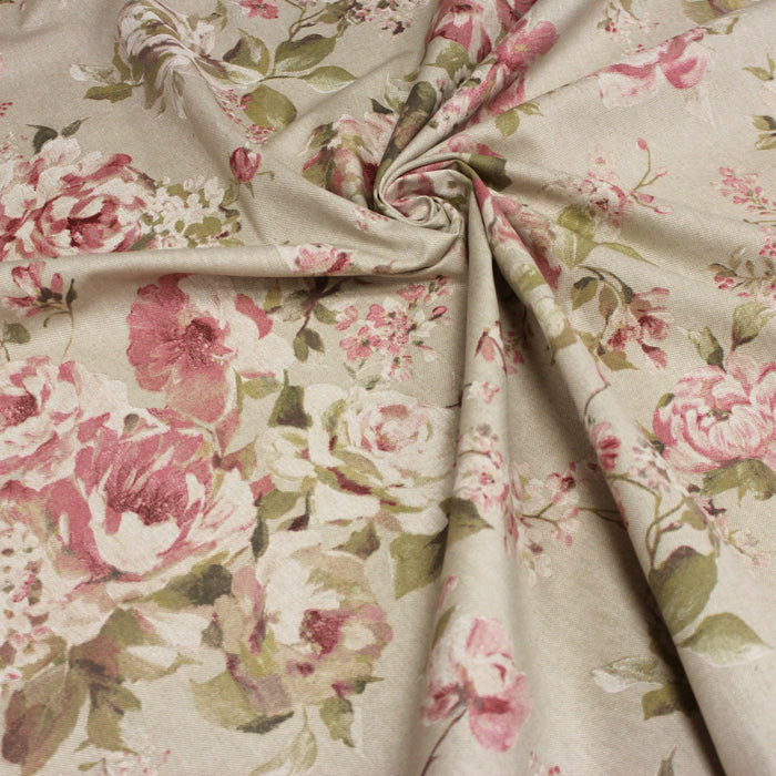 Tissu motif britannique aux grandes fleurs roses : lin, bleu, écru - COLLECTION BRIGHTON - TissusPapi.com