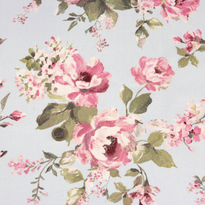 Tissu motif britannique aux grandes fleurs roses : lin, bleu, écru - COLLECTION BRIGHTON - TissusPapi.com