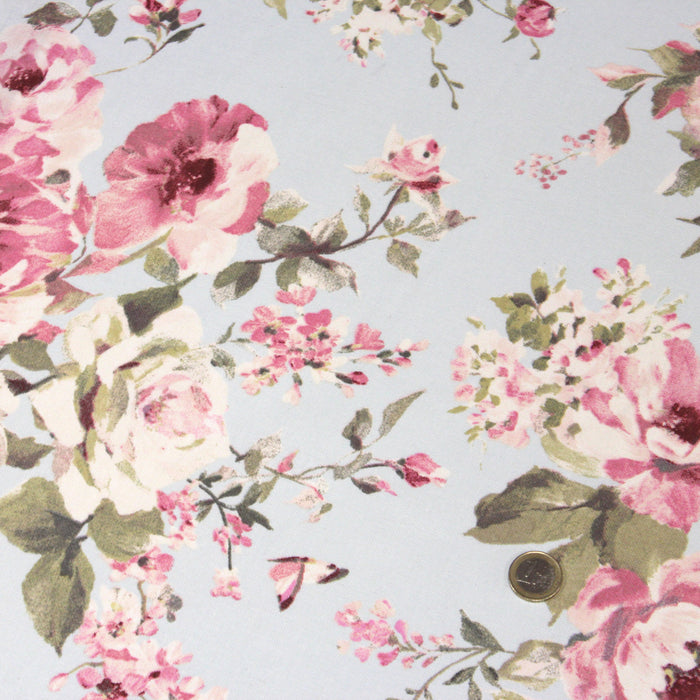 Tissu motif britannique aux grandes fleurs roses : lin, bleu, écru - COLLECTION BRIGHTON - TissusPapi.com