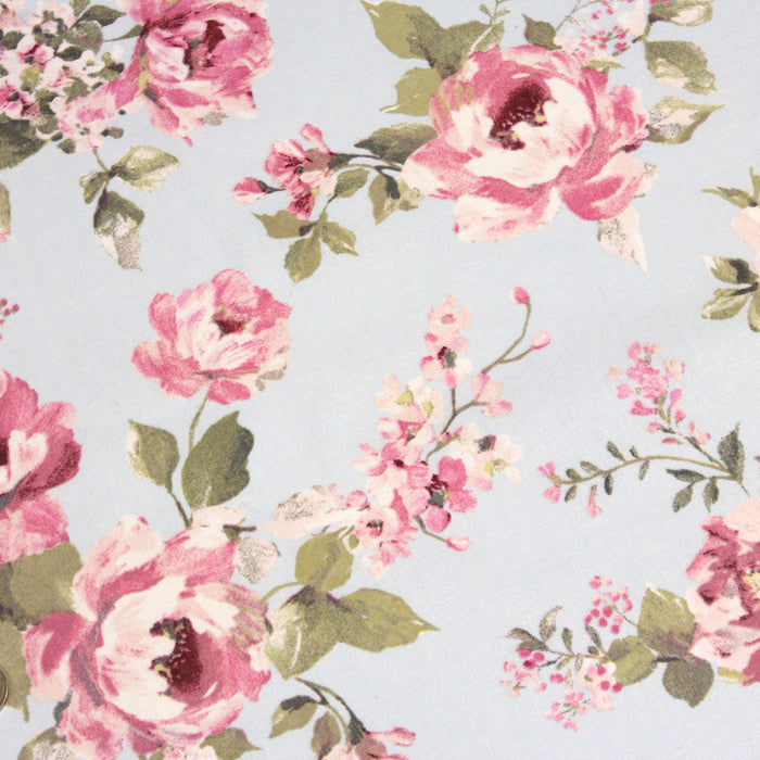 Tissu motif britannique aux grandes fleurs roses : lin, bleu, écru - COLLECTION BRIGHTON - TissusPapi.com