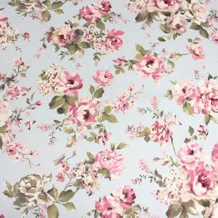 Tissu motif britannique aux grandes fleurs roses : lin, bleu, écru - COLLECTION BRIGHTON - TissusPapi.com