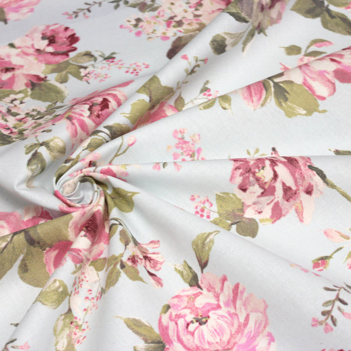 Tissu motif britannique aux grandes fleurs roses : lin, bleu, écru - COLLECTION BRIGHTON - TissusPapi.com