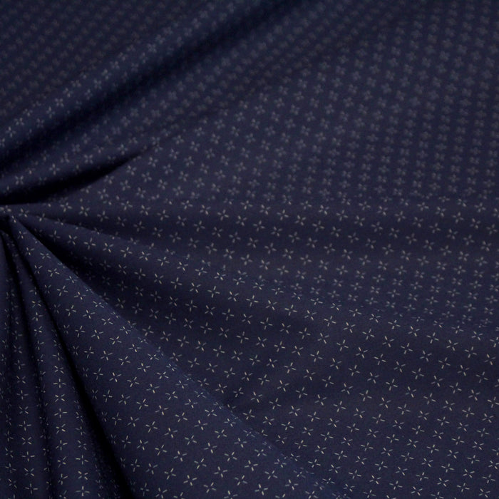 Tissu cotonnade motif japonais KA - KASURI aux croix écrus & fond bleu - TissusPapi.com