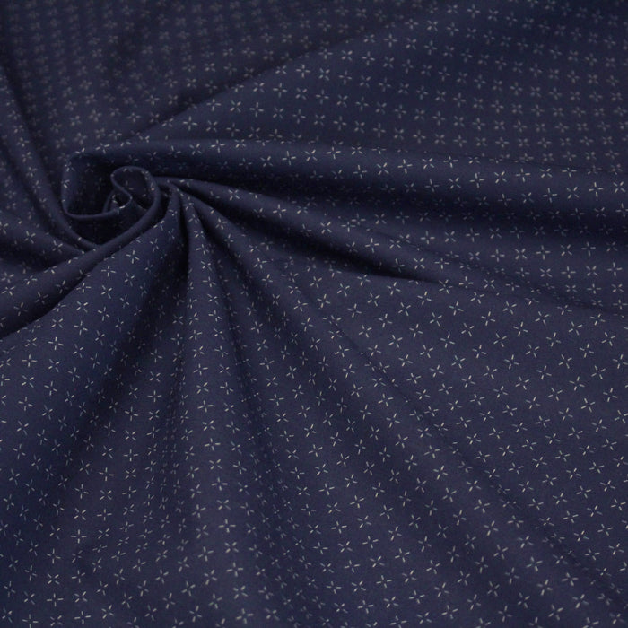 Tissu cotonnade motif japonais KA - KASURI aux croix écrus & fond bleu - TissusPapi.com