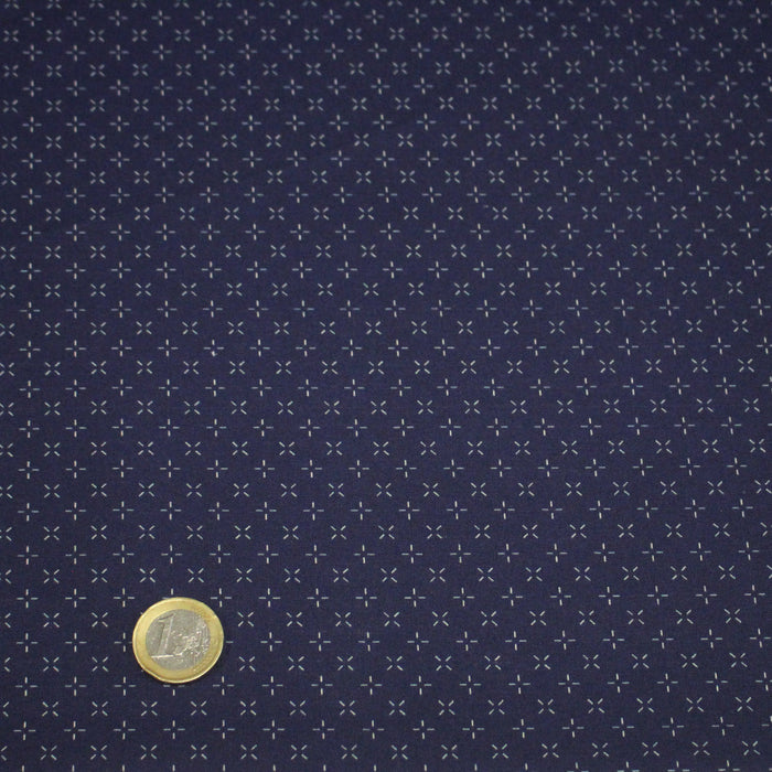 Tissu cotonnade motif japonais KA - KASURI aux croix écrus & fond bleu - TissusPapi.com