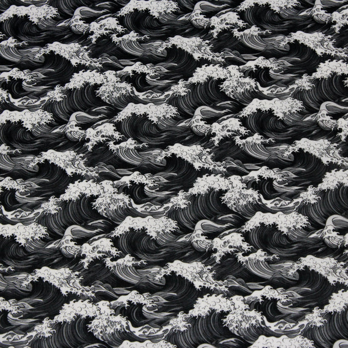 Tissu cotonnade motif japonais de la vague Kanagawa d’Hokusai, tons noirs & blancs