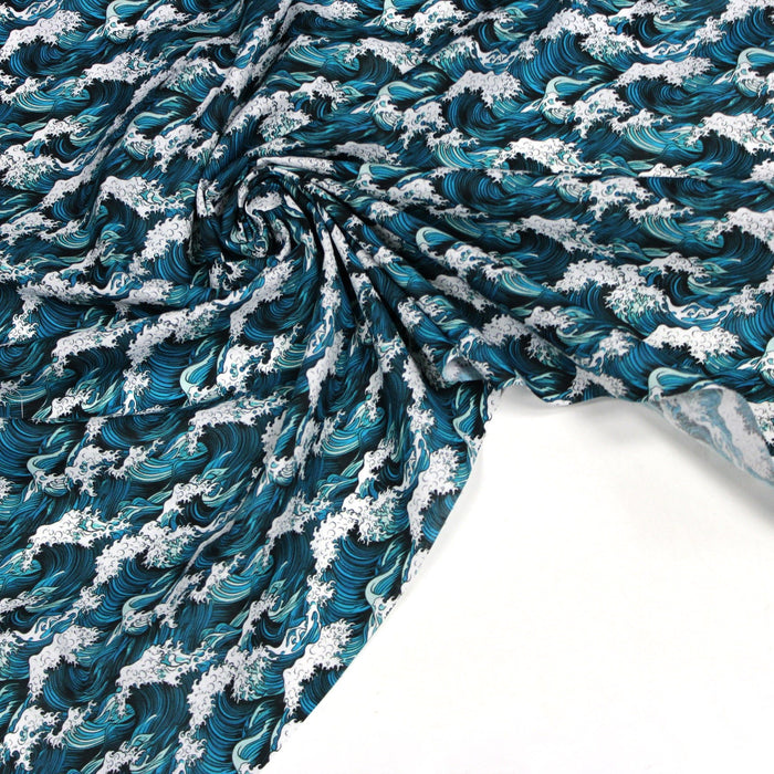 Tissu cotonnade motif japonais de la vague Kanagawa d’Hokusai, tons vert canard & blancs - OEKO - TEX - TissusPapi.com