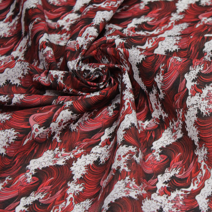 Tissu cotonnade motif japonais de la vague Kanagawa d’Hokusai, tons rouges & blancs