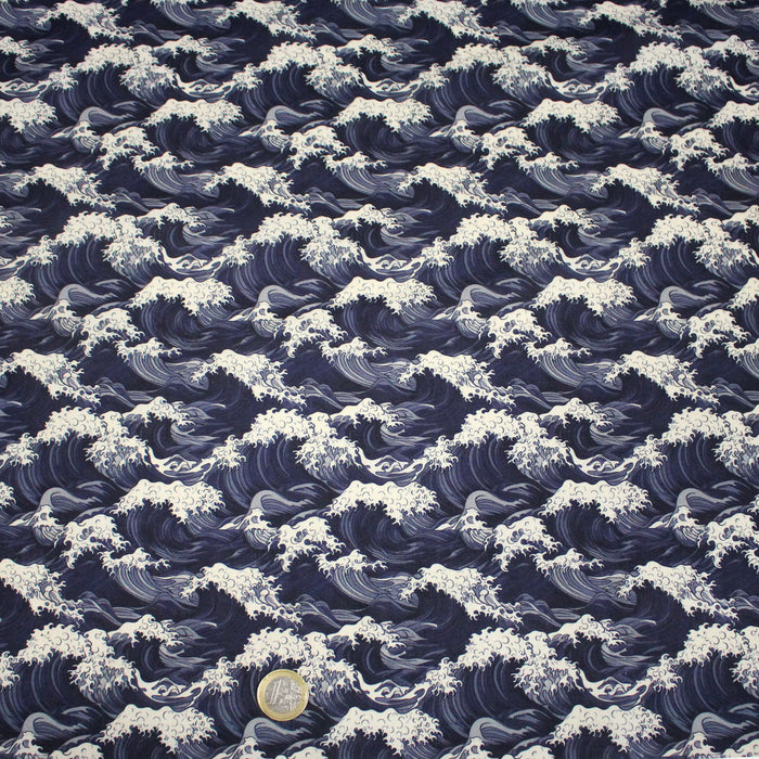 Tissu cotonnade motif de la vague d'HOKUSAI, tons bleus & écrus - TissusPapi.com