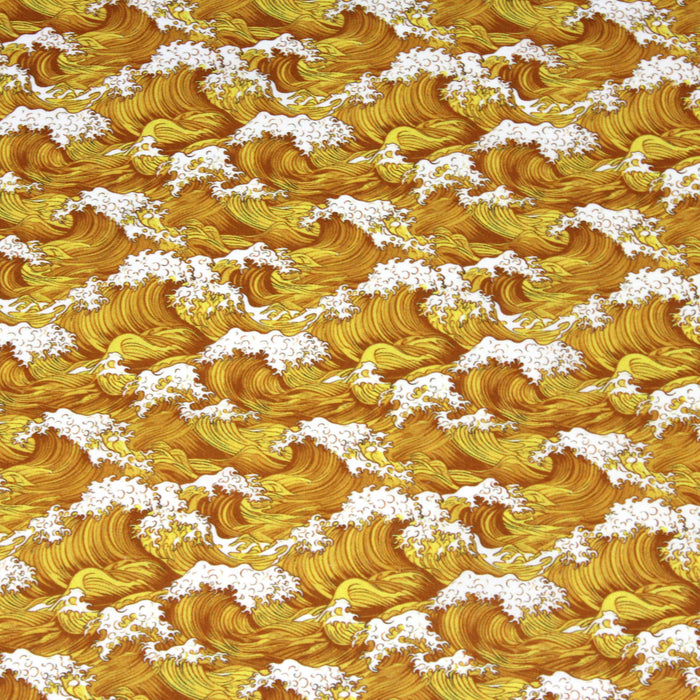 Tissu cotonnade motif japonais de la vague Kanagawa d’Hokusai, tons jaunes & blancs