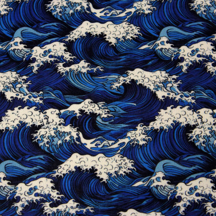 Tissu cotonnade motif japonais de la vague Kanagawa d’Hokusai, tons bleus & blancs