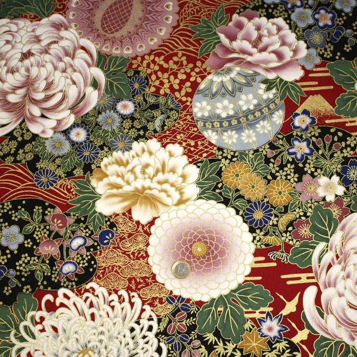 Tissu coton motif japonais aux pivoines & chrysanthèmes dorés, fond rouge ou noir - COLLECTION JAPON DORÉ - TissusPapi.com