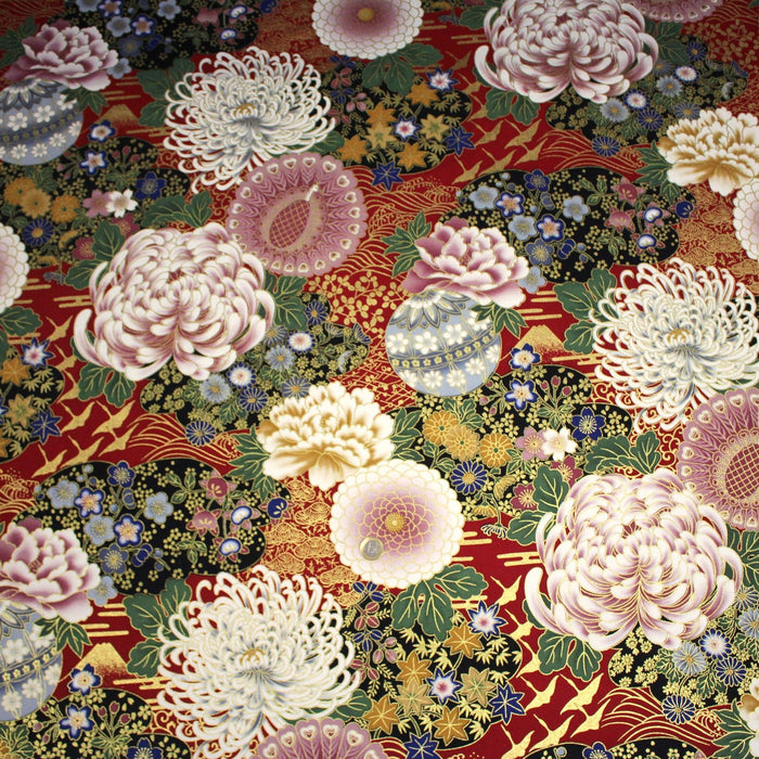 Tissu coton motif japonais aux pivoines & chrysanthèmes dorés, fond rouge ou noir - COLLECTION JAPON DORÉ - TissusPapi.com