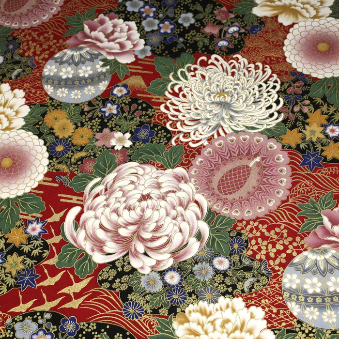 Tissu coton motif japonais aux pivoines & chrysanthèmes dorés, fond rouge ou noir - COLLECTION JAPON DORÉ - TissusPapi.com