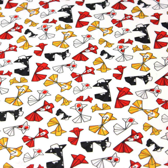 Tissu cotonnade motif japonais poissons koï origami rouge jaune et noir - OEKO - TEX - TissusPapi.com