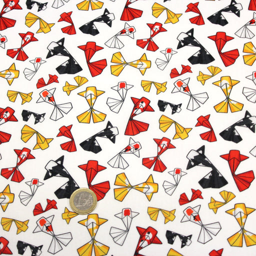 Tissu cotonnade motif japonais poissons koï origami rouge jaune et noir - OEKO - TEX - TissusPapi.com