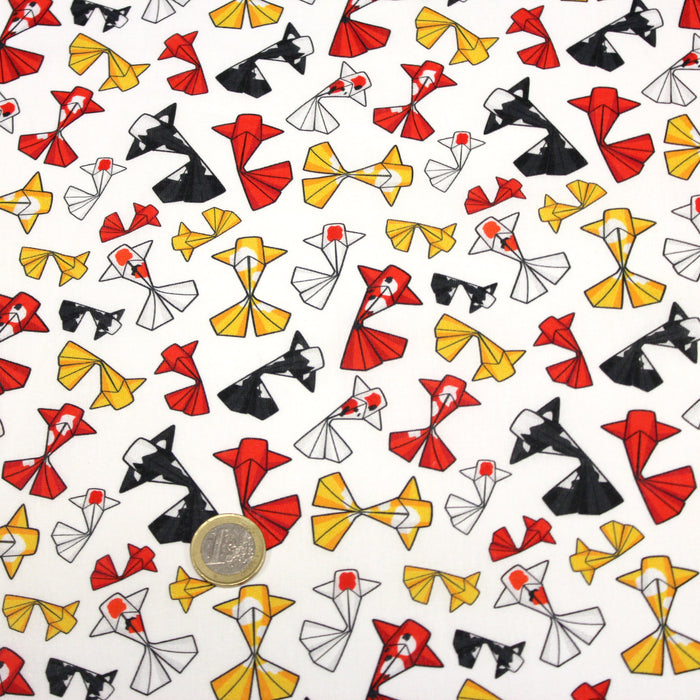 Tissu cotonnade motif japonais poissons koï origami rouge jaune et noir - OEKO - TEX - TissusPapi.com