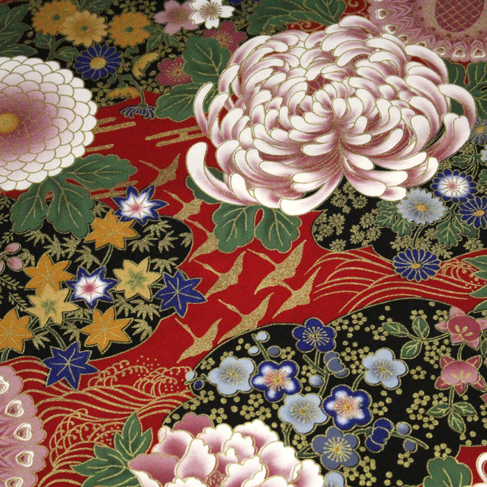 Tissu coton motif japonais aux pivoines & chrysanthèmes dorés, fond rouge ou noir - COLLECTION JAPON DORÉ - TissusPapi.com
