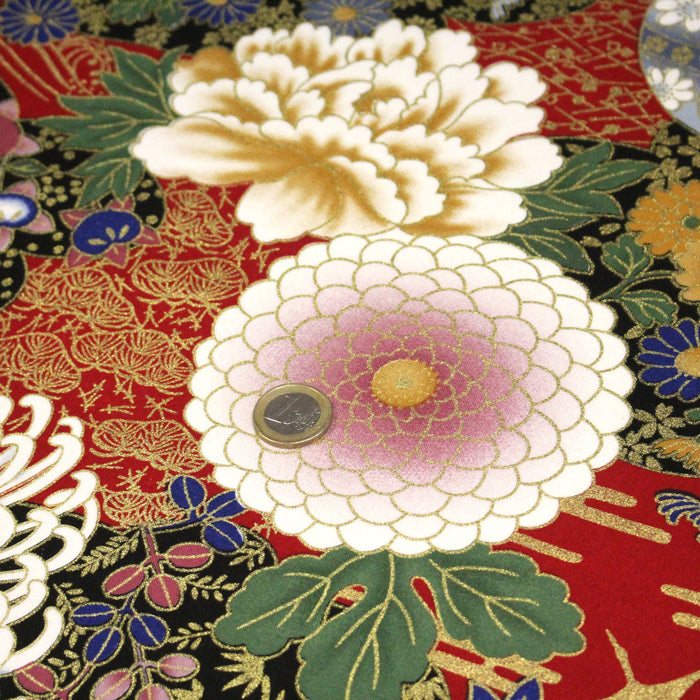Tissu coton motif japonais aux pivoines & chrysanthèmes dorés, fond rouge ou noir - COLLECTION JAPON DORÉ - TissusPapi.com