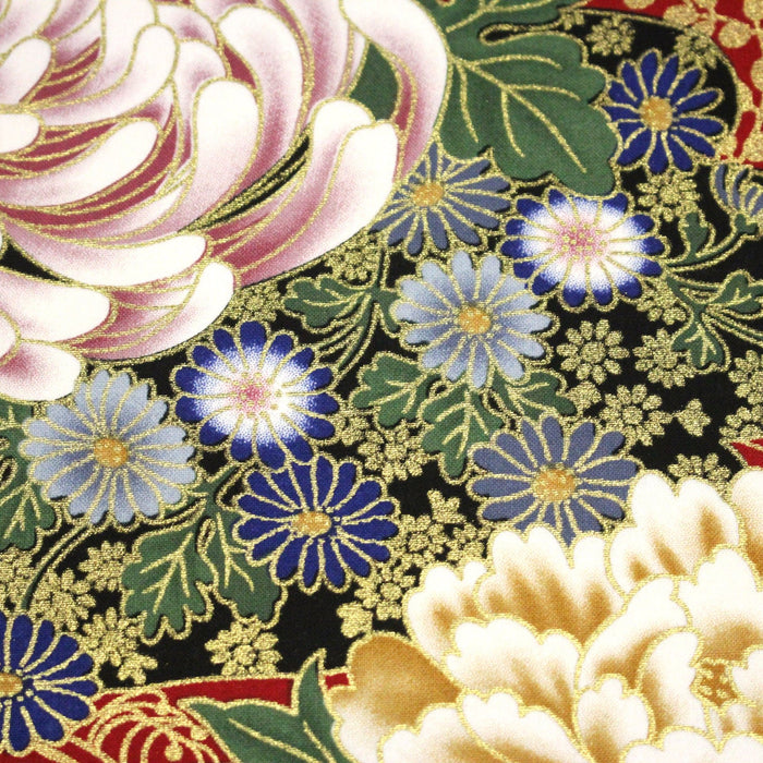 Tissu coton motif japonais aux pivoines & chrysanthèmes dorés, fond rouge ou noir - COLLECTION JAPON DORÉ - TissusPapi.com