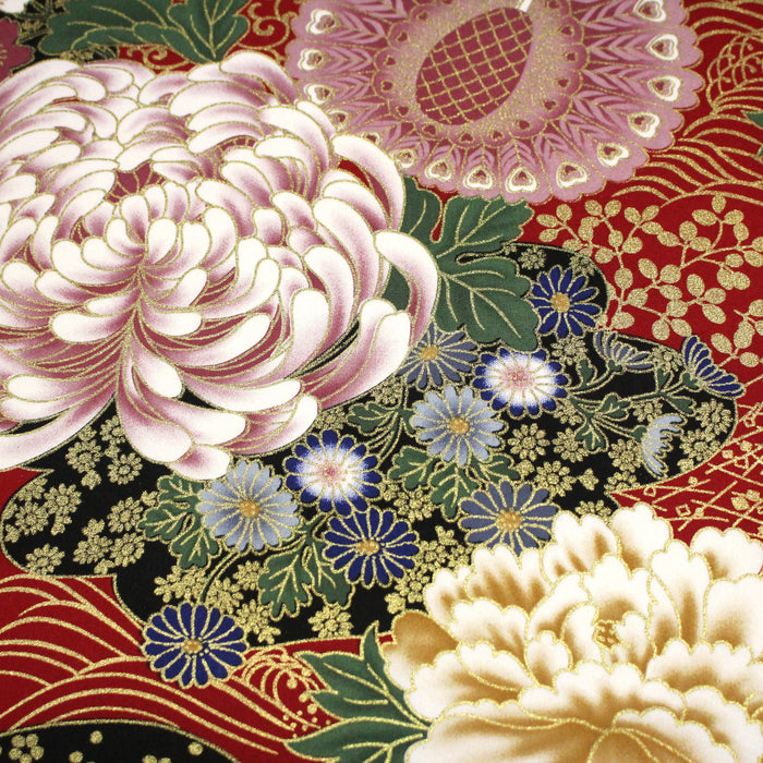 Tissu coton motif japonais aux pivoines & chrysanthèmes dorés, fond rouge ou noir - COLLECTION JAPON DORÉ - TissusPapi.com