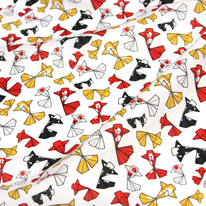 Tissu cotonnade motif japonais poissons koï origami rouge jaune et noir