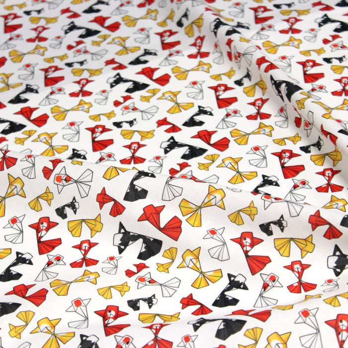 Tissu cotonnade motif japonais poissons koï origami rouge jaune et noir - OEKO - TEX - TissusPapi.com