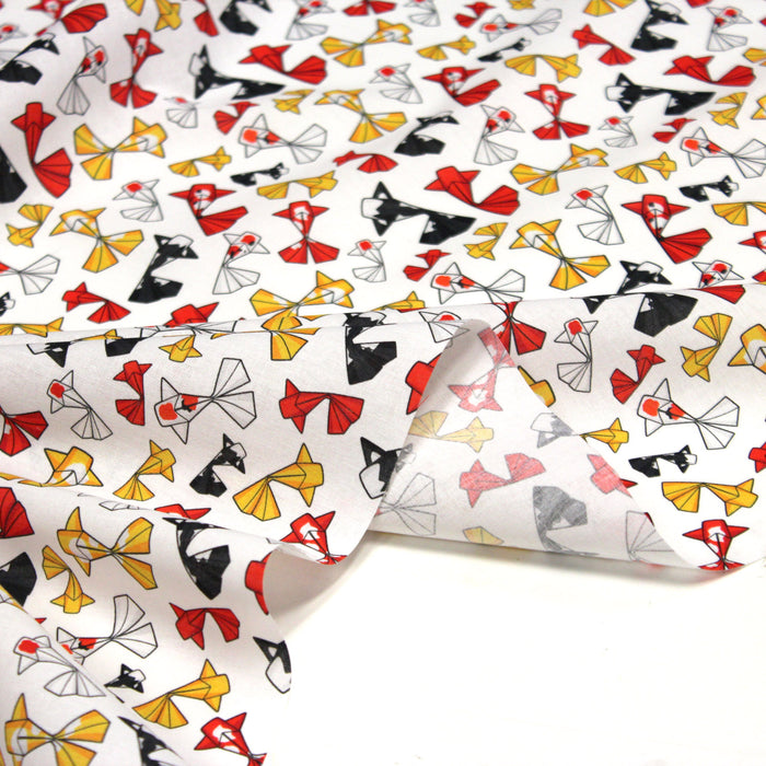 Tissu cotonnade motif japonais poissons koï origami rouge jaune et noir