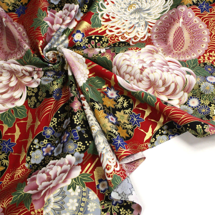 Tissu coton motif japonais aux pivoines & chrysanthèmes dorés, fond rouge ou noir - COLLECTION JAPON DORÉ - TissusPapi.com