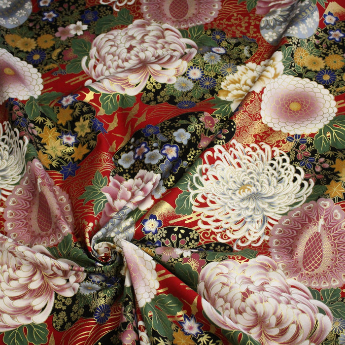 Tissu coton motif japonais aux pivoines & chrysanthèmes dorés, fond rouge ou noir - COLLECTION JAPON DORÉ - TissusPapi.com