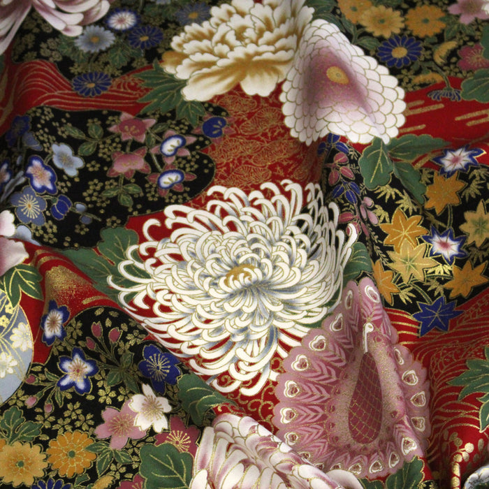 Tissu coton motif japonais aux pivoines & chrysanthèmes dorés, fond rouge ou noir - COLLECTION JAPON DORÉ - TissusPapi.com