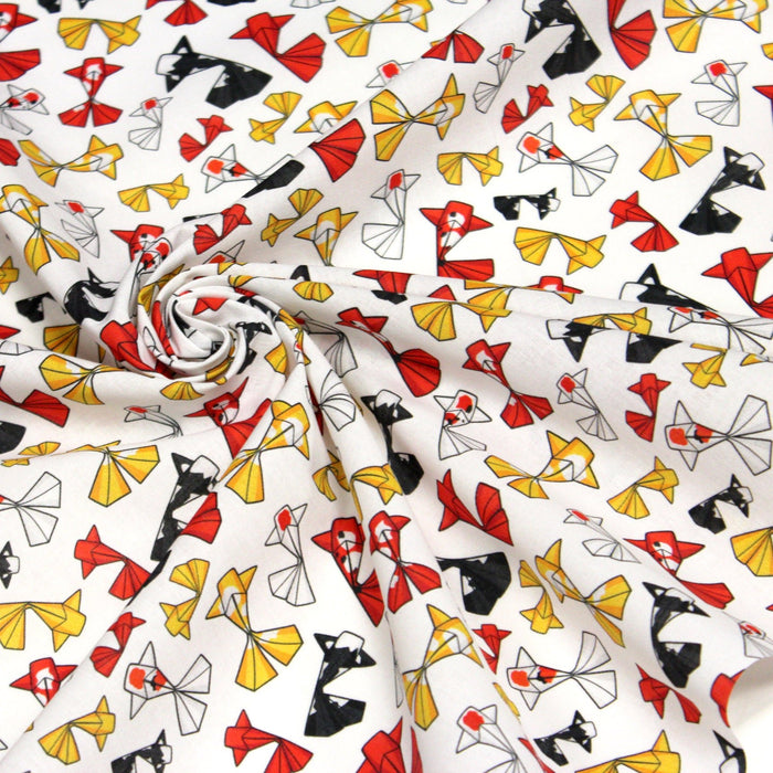 Tissu cotonnade motif japonais poissons koï origami rouge jaune et noir - OEKO - TEX - TissusPapi.com