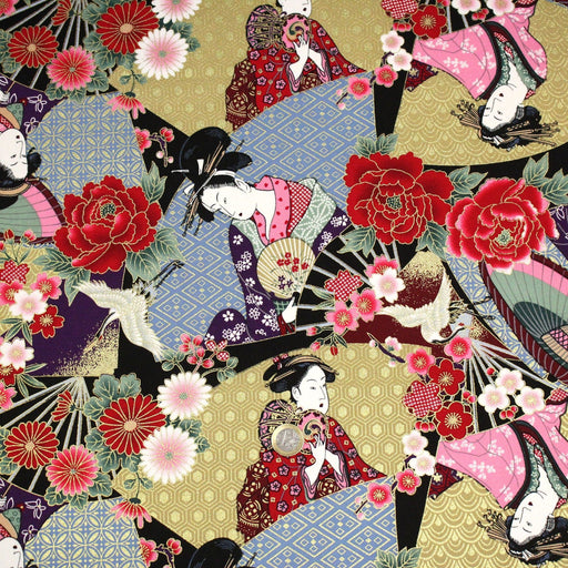 Tissu coton motif japonais aux GEISHAS dorées & multicolores - COLLECTION JAPON DORÉ - TissusPapi.com