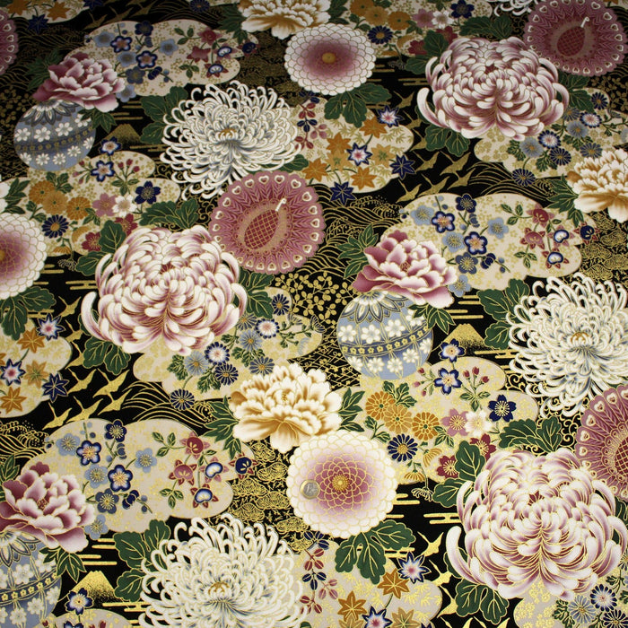 Tissu coton motif japonais aux pivoines & chrysanthèmes dorés, fond rouge ou noir - COLLECTION JAPON DORÉ - TissusPapi.com