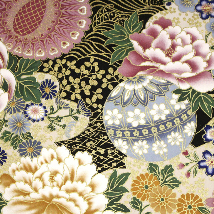 Tissu coton motif japonais aux pivoines & chrysanthèmes dorés, fond rouge ou noir - COLLECTION JAPON DORÉ - TissusPapi.com