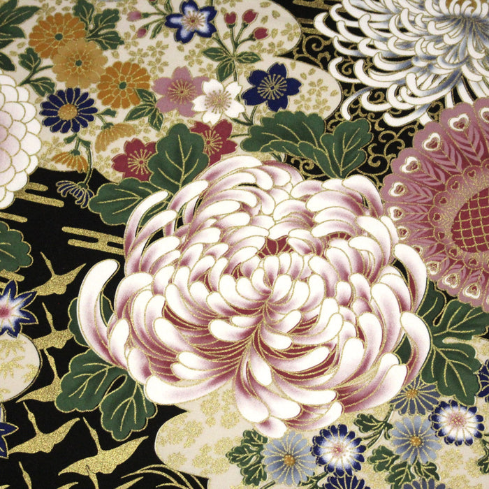 Tissu coton motif japonais aux pivoines & chrysanthèmes dorés, fond rouge ou noir - COLLECTION JAPON DORÉ - TissusPapi.com