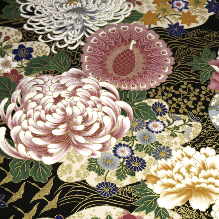 Tissu coton motif japonais aux pivoines & chrysanthèmes dorés, fond rouge ou noir - COLLECTION JAPON DORÉ - TissusPapi.com