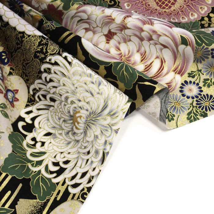 Tissu coton motif japonais aux pivoines & chrysanthèmes dorés, fond rouge ou noir - COLLECTION JAPON DORÉ - TissusPapi.com