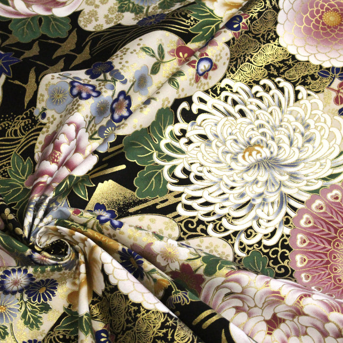 Tissu coton motif japonais aux pivoines & chrysanthèmes dorés, fond rouge ou noir - COLLECTION JAPON DORÉ - TissusPapi.com