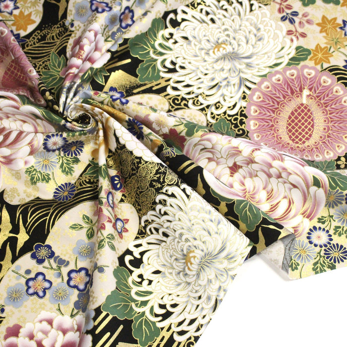 Tissu coton motif japonais aux pivoines & chrysanthèmes dorés, fond rouge ou noir - COLLECTION JAPON DORÉ - TissusPapi.com